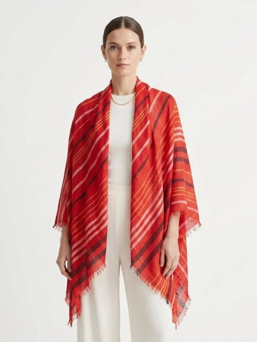 BCBGMaxAzria Scarf Red Stripes Fringe Festival Shawl Casual